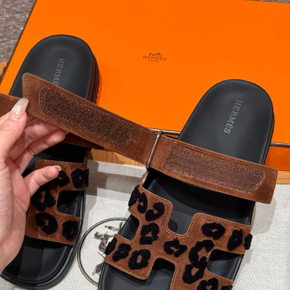 Sandales Chypre Hermès Bleu Marron Léopard